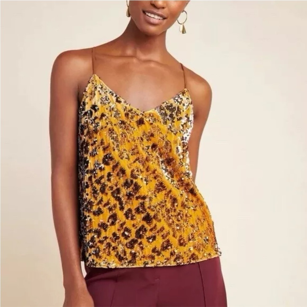 RO&DE Anthropologie Animal Sequins Cami Top Gold Stretchy Velvet Size Small